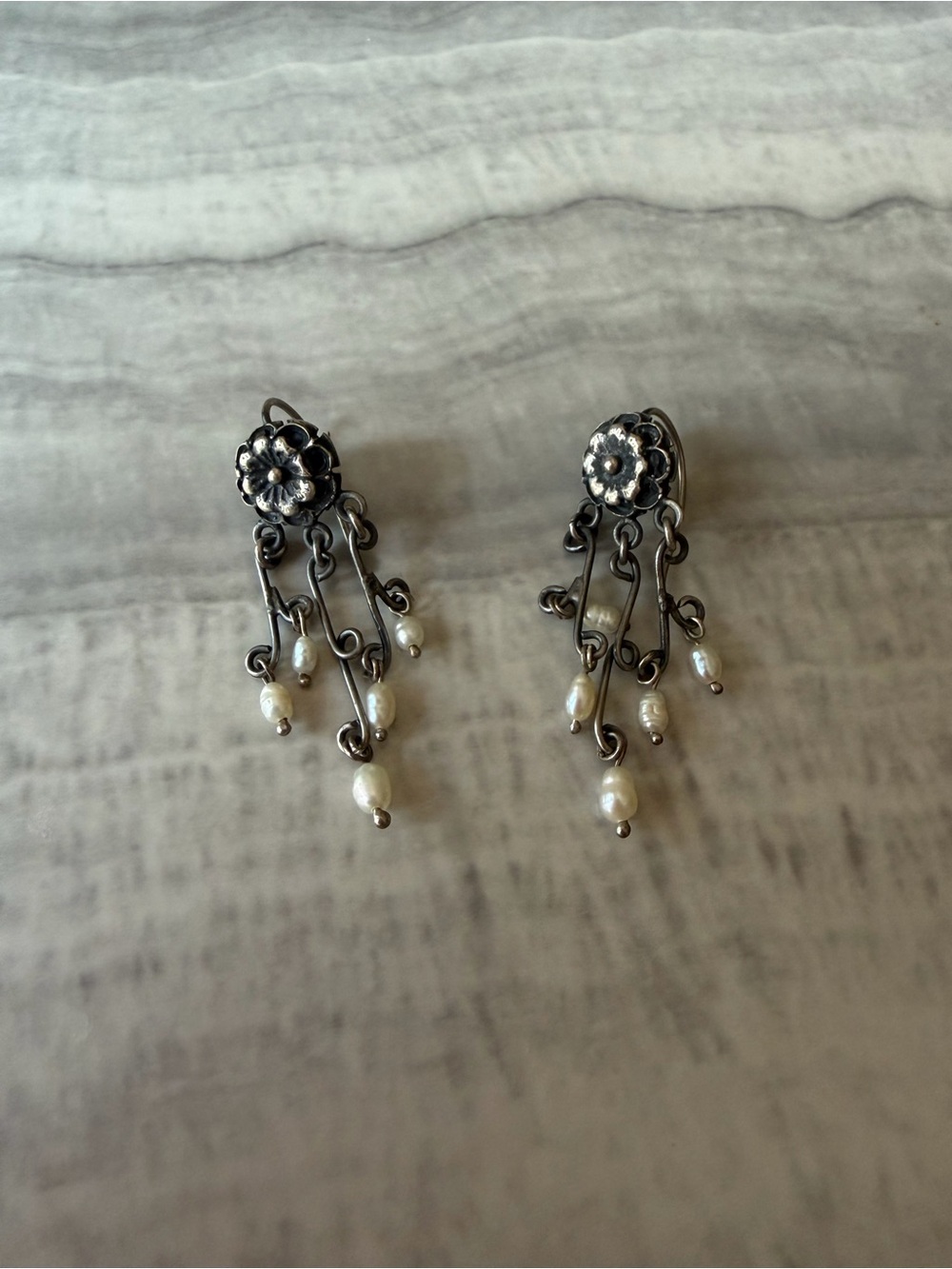 Silver Floral Fresh Water Pearl Earrings